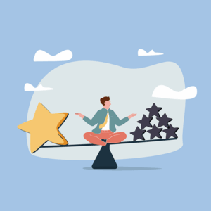 Man on a scale weighing options to symbolize content creation for SEO