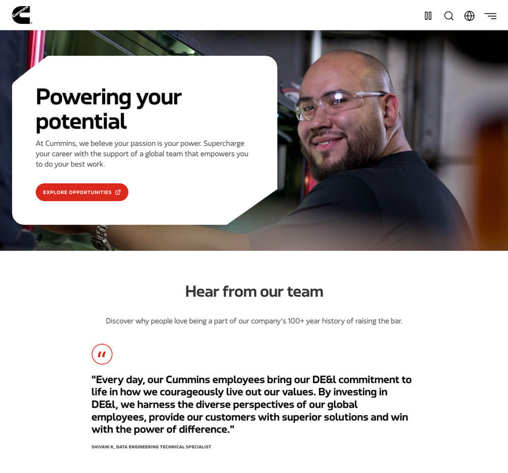 Cummins career page hero and testimonial