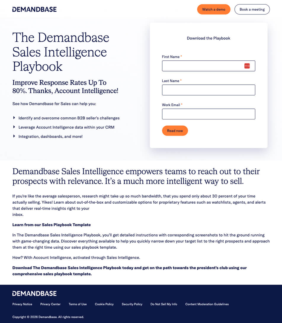 Demandbase’s squeeze page for a downloadable sales intelligence playbook with a benefit-focused description and a gated download form