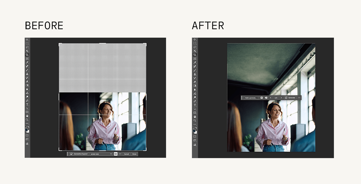 Before and after photos (showing the expansion of the background of a photo) completed with Adobe's Firefly generative AI tool
