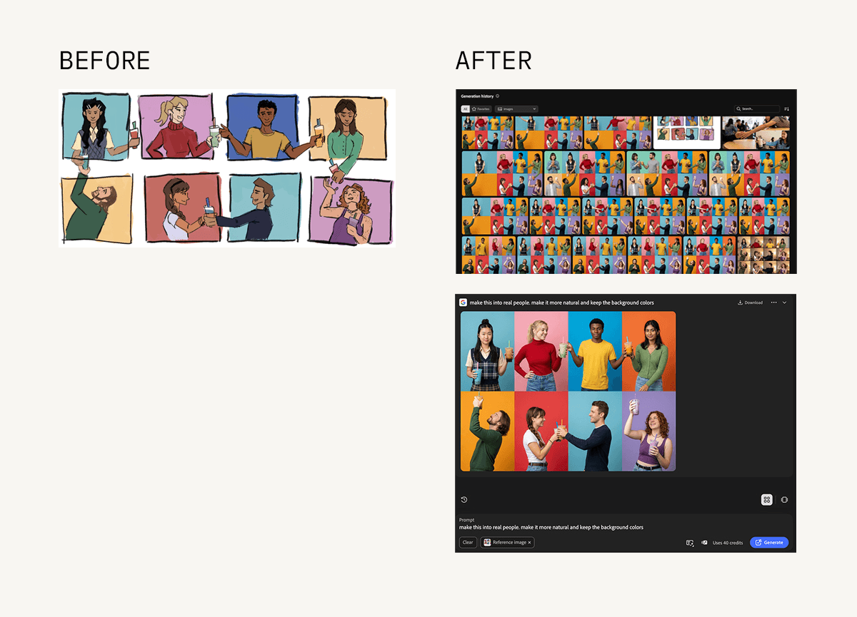 Before and after photos that illustrate how you can upload a rough sketch in order to generate a photo realistic generative AI graphic.