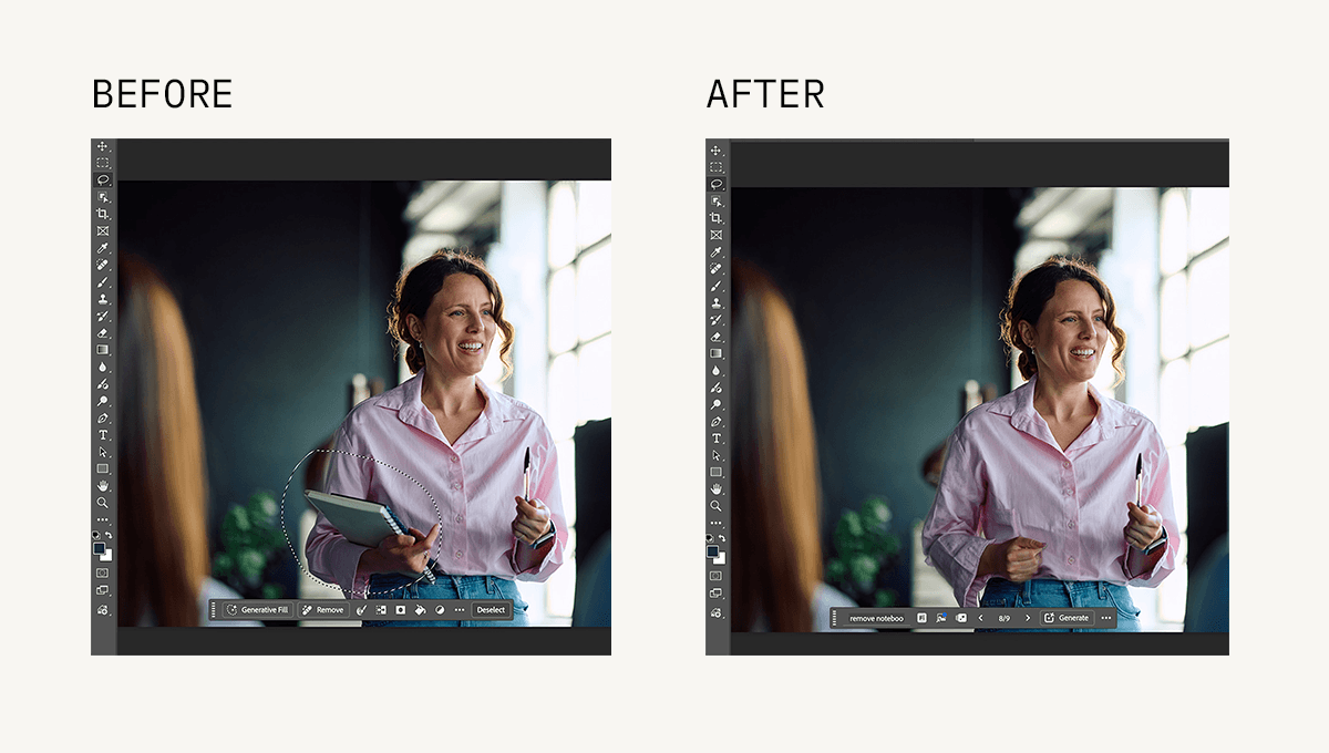 Before and after photos (showing the removal of a notepad in the photo of a young woman) completed with Adobe's Firefly generative AI tool