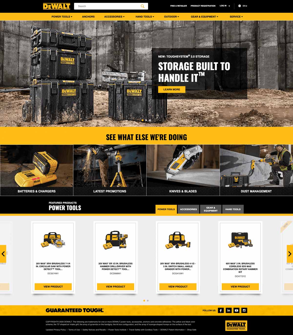 Screengrab of DeWalt's dark mode homepage design