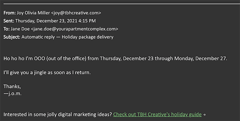 Example of how to link to an asset from your holiday marketing campaign as part of your OOO message