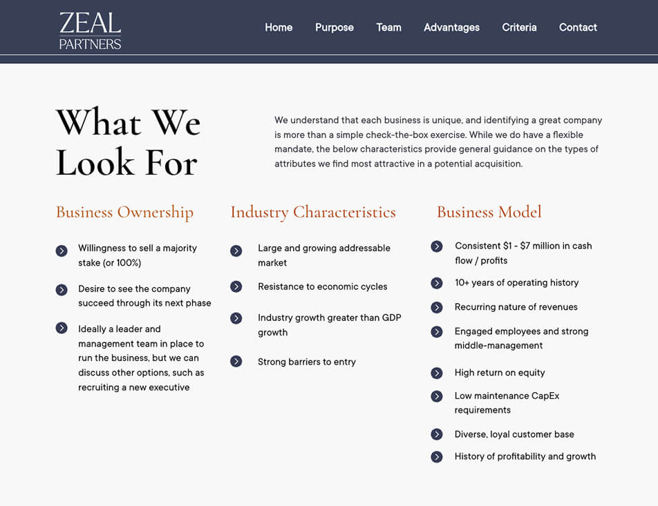 A screenshot of the "What We Look For" breakdown on Zeal Partners website that breaks up the information into three, easy-to-scan, bullet lists related to business ownership, industry characteristics, and business model needs.
