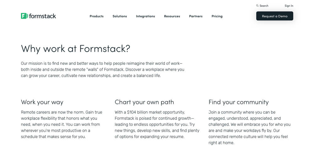 Formstack careers page lists three reasons why you should work for them