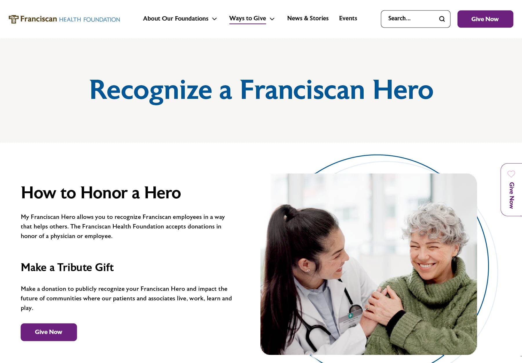 Franciscan Health Foundation Honor a Hero page preview on tablet