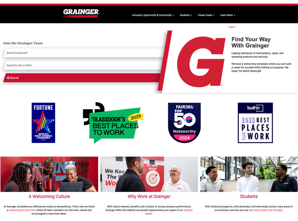 Grainger's career page displaying 4 awards for company culture and employee satisfaction