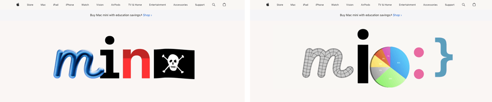 Screengrab showing two frames from the animation at the top of Apple's Mac Mini microsite bring its hero to life and showcase the product's features with function-focused illustrations.