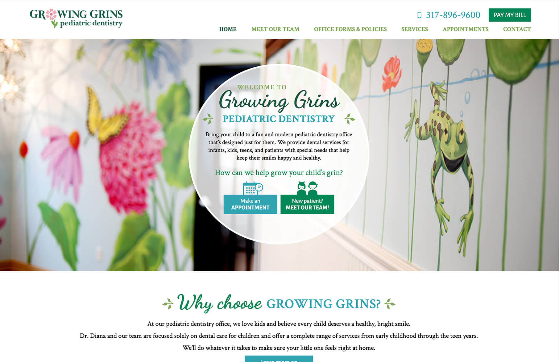 Growing Grins Pediatric Dentistry desktop homepage web design