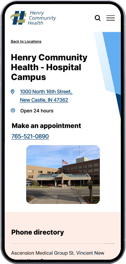 HCH main campus locations detail page preview on mobile