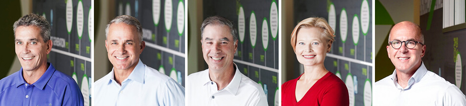 Row of five customized headshot examples showing different members of Baker Hill leadership