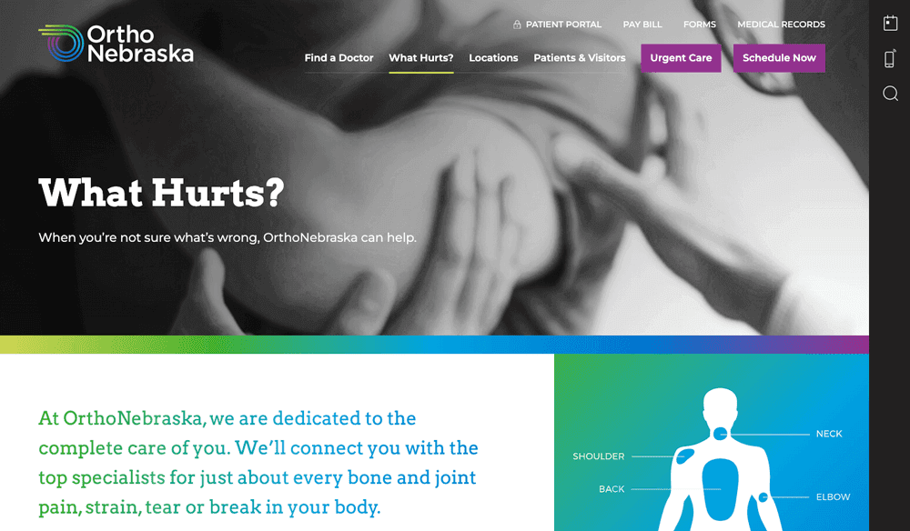 screengrab showing how OrthoNebraska uses patient-centric healthcare marketing words on its services page to help put potential patients at ease
