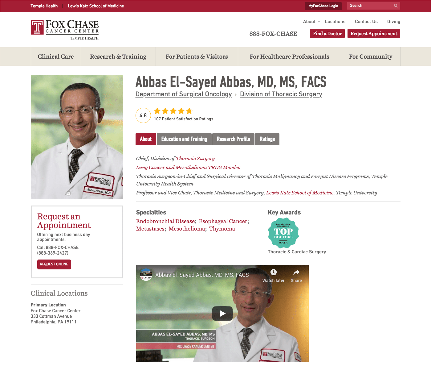 Fox Chase Cancer Center incorporates star-rating details as part of each doctor’s header information panel on their provider bio page.