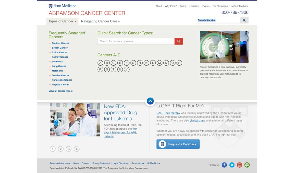 Penn Medicine Abramson Cancer Center's website uses a mega menu to provide quick links to information about their cancer treatment specialties.