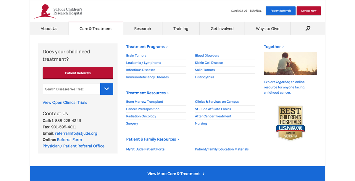 St. Jude's website uses a mega menu to give quick access to links to their services.