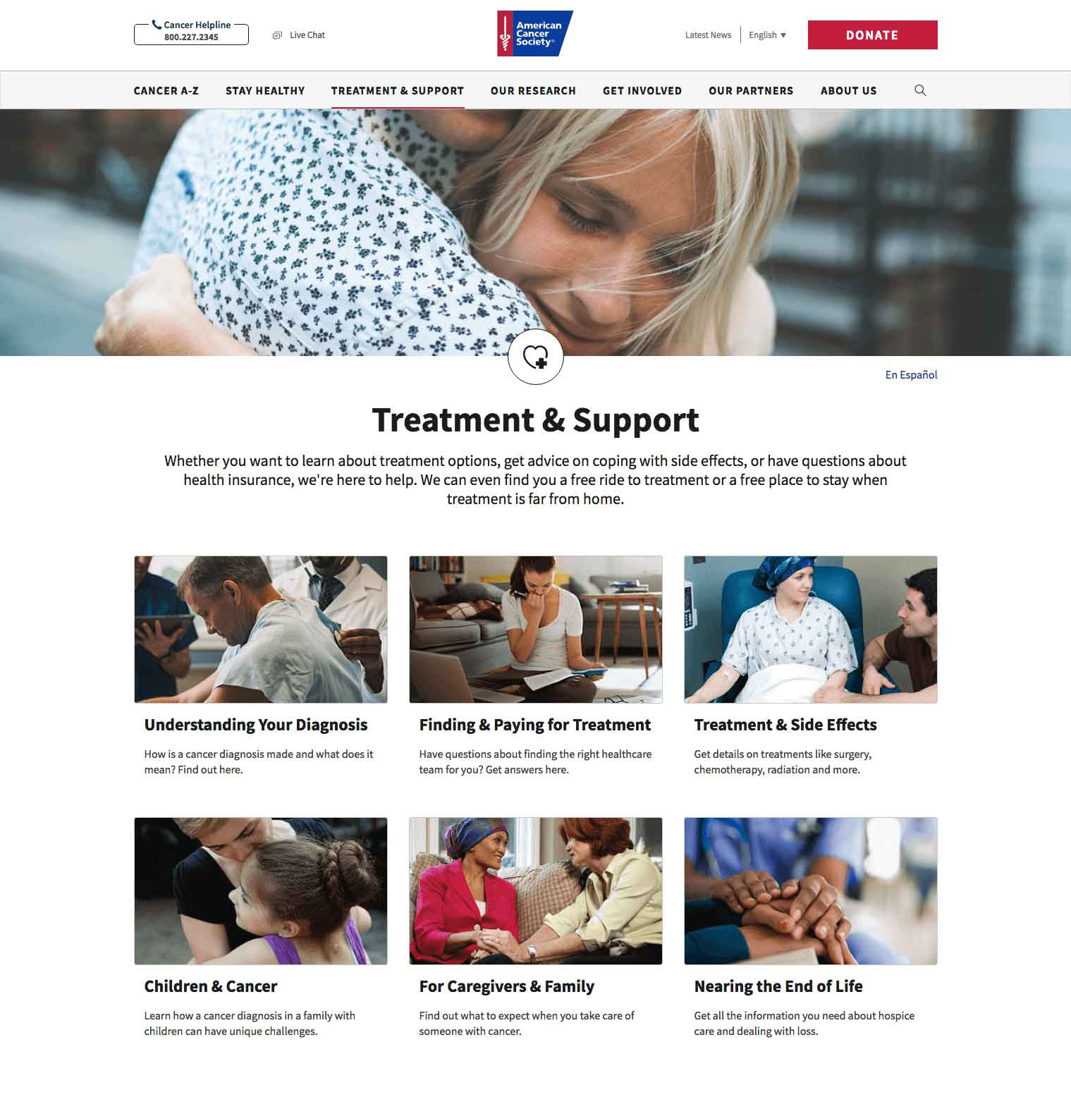 Cancer.org uses strong photography to help patients quickly navigate its service options.