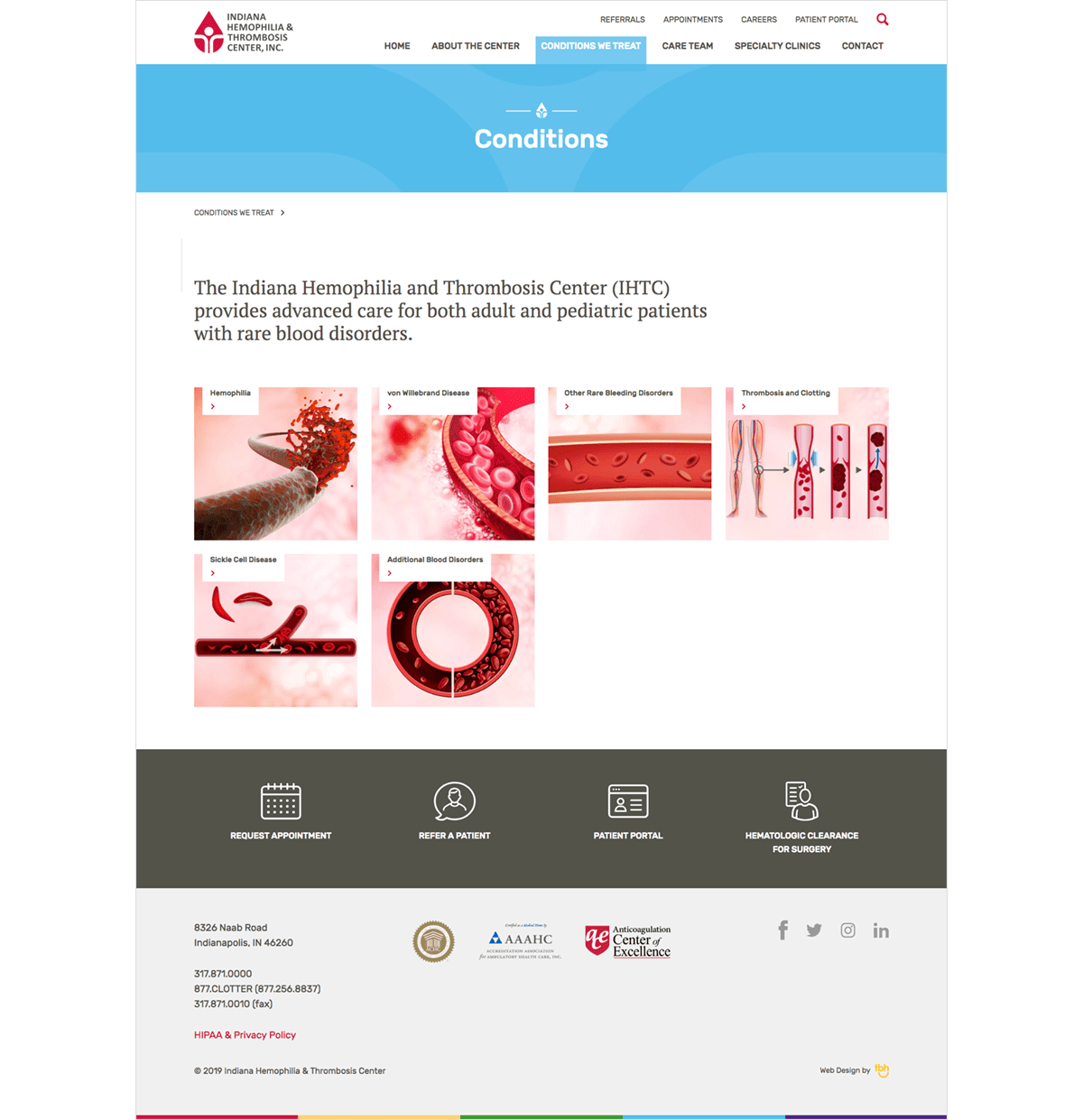Indiana Hemophilia and Thrombosis Center's visual landing page makes it easy to navigate to additional information about their specialties.