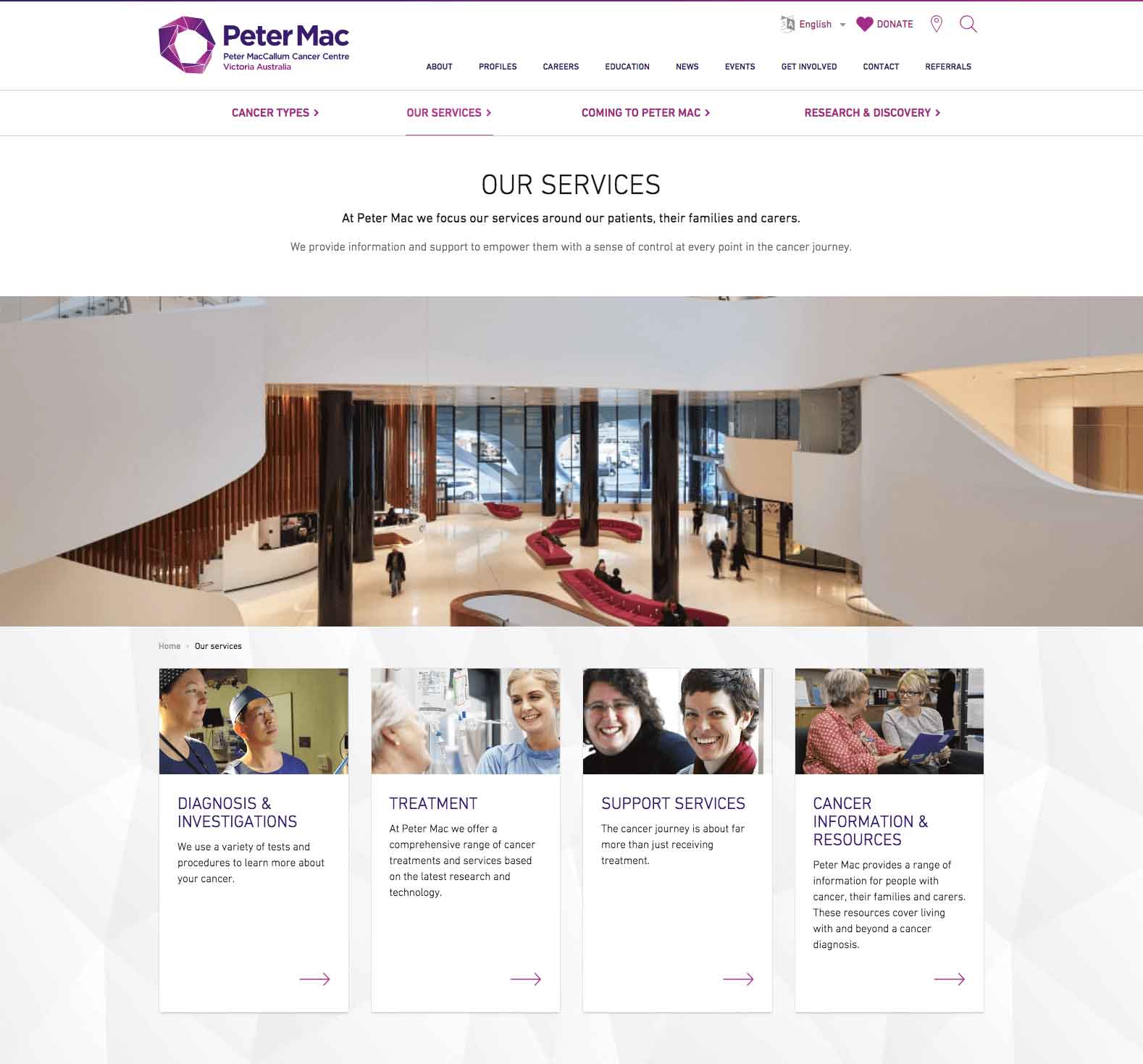 Peter Mac Hospital uses strong photography to help patients quickly navigate its service options.