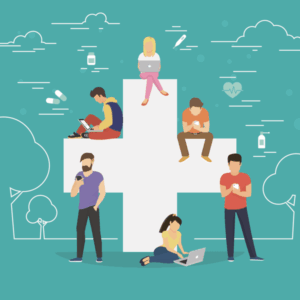 illustration showing that—unlike other times during the history of healthcare marketing—modern patients use smartphones and other devices to get info on their care