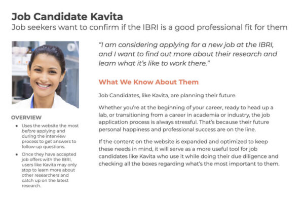 Sample page showing persona research created for a report used during the strategy sessions before IBRI's award-winning careers work was completed