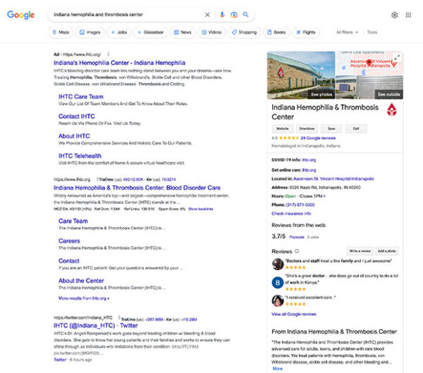 Indiana Hemophilia & Thrombosis Center’s optimized Google My Business profile
