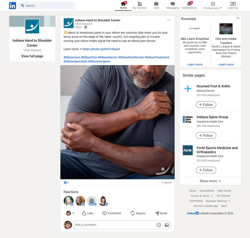 IHTSC facebook page showing one of the elbow pain campaign posts created by healthcare marketing group TBH Creative