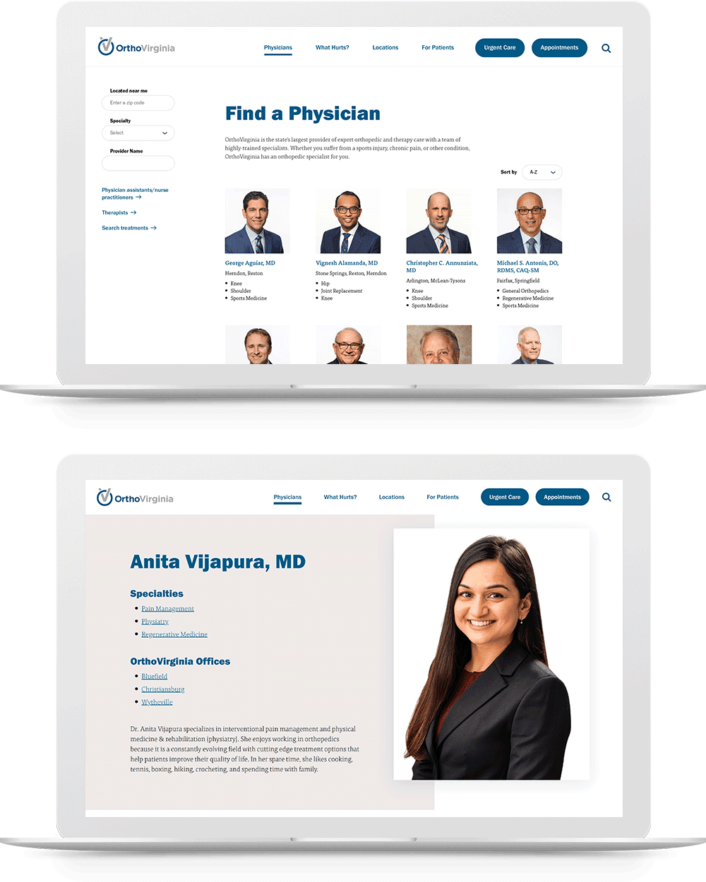 OrthoVirginia physician search and physician bio preview