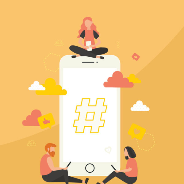 illustration of social media users sitting on top of a mobile device with a hashtag in the middle