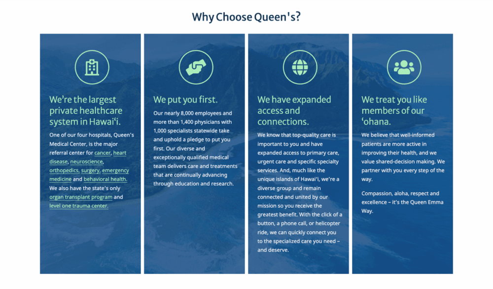 Queen’s Medical Center webpage panel on differentiators