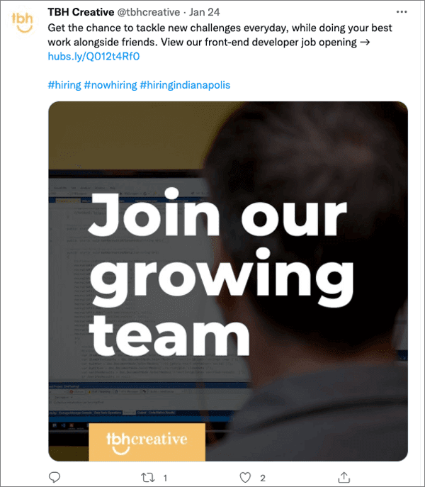 Example of an organic social media post shared by TBH Creative on Twitter