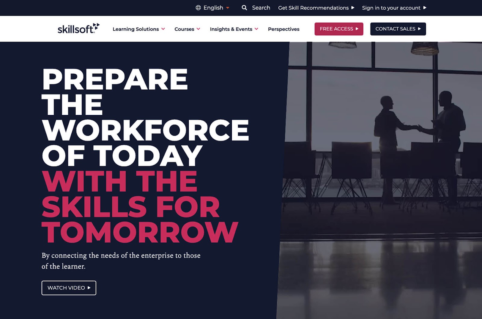 Screengrab of SkillSoft's navy dark mode homepage hero