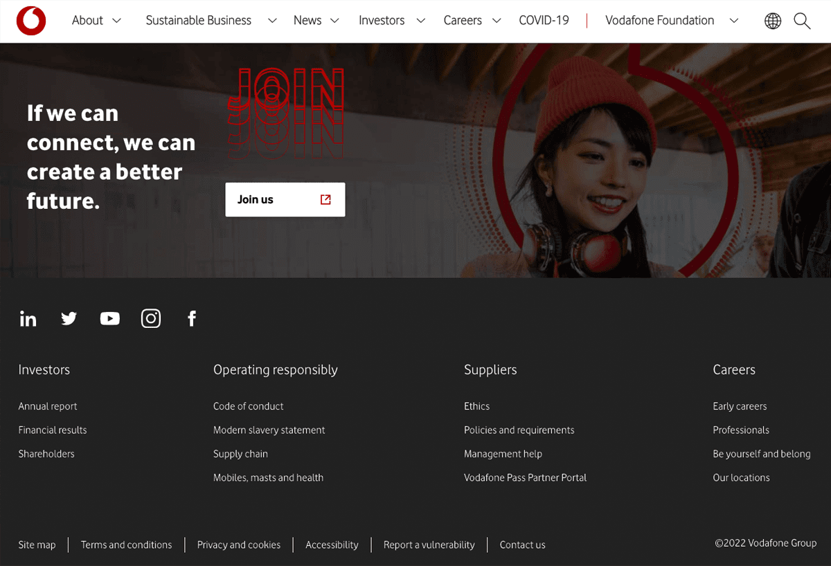 Screengrab of Vodafone's back background website footer