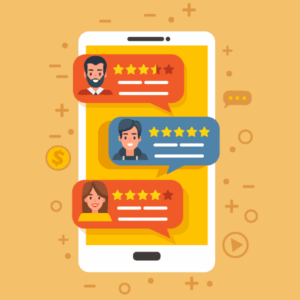 illustration of a mobile phone showing customer reviews
