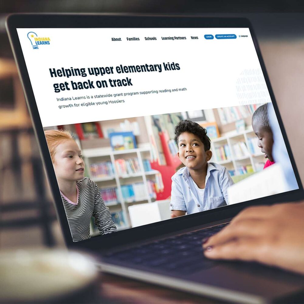 The homepage desktop view of Indiana Learns’ site, showcasing its grant program web design