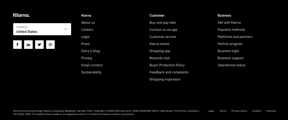 Screengrab of Klarna's black background website footer design