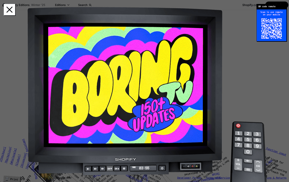 A screengrab showing the interactive video integrated into the microsite that Shopify created to announce its winter 2025 updates