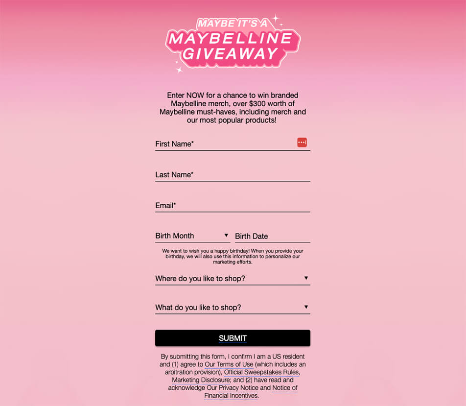Closeup of one contest form on Maybelline’s promotions hub page