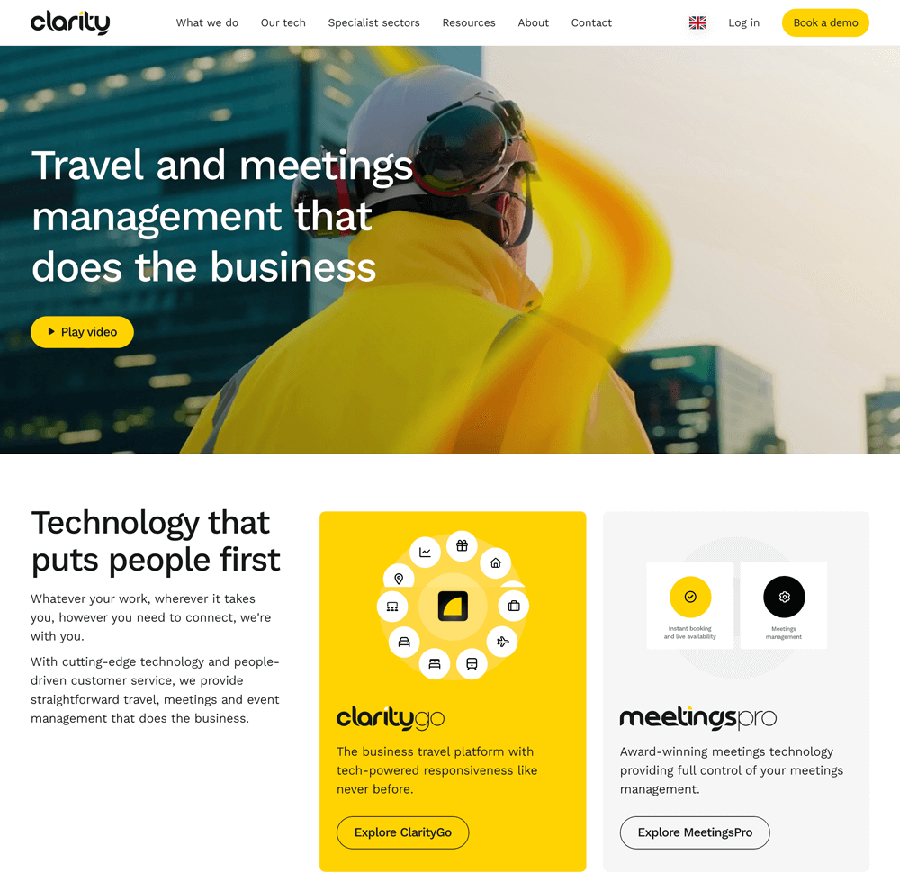 A screengrab showing the top portion of claritybusinesstravel.com's hompeage, which features microinteractions (one of the 2026 web design trends)