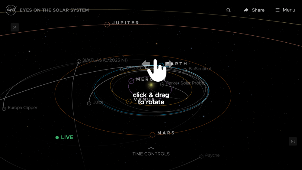 A screengrab showing the initial view of NASA.gov's "Eyes on the Solar System" tool with a hand symbol in the center and instructions for how to navigate to simulate different views of the solar system (which is a successful example the 2026 web design trend of micro-interactions)