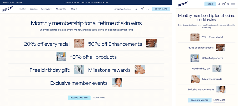 Screengrabs—side by side—showing part of HeyDay's desktop homepage and mobile homepage illustrating how the ecommerce site is built with intentional simplicity to create the same user experience for customers on phone as on desktops and tablets.
