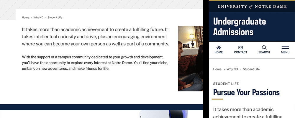 Notre Dame website breadcrumb navigation on desktop and mobile
