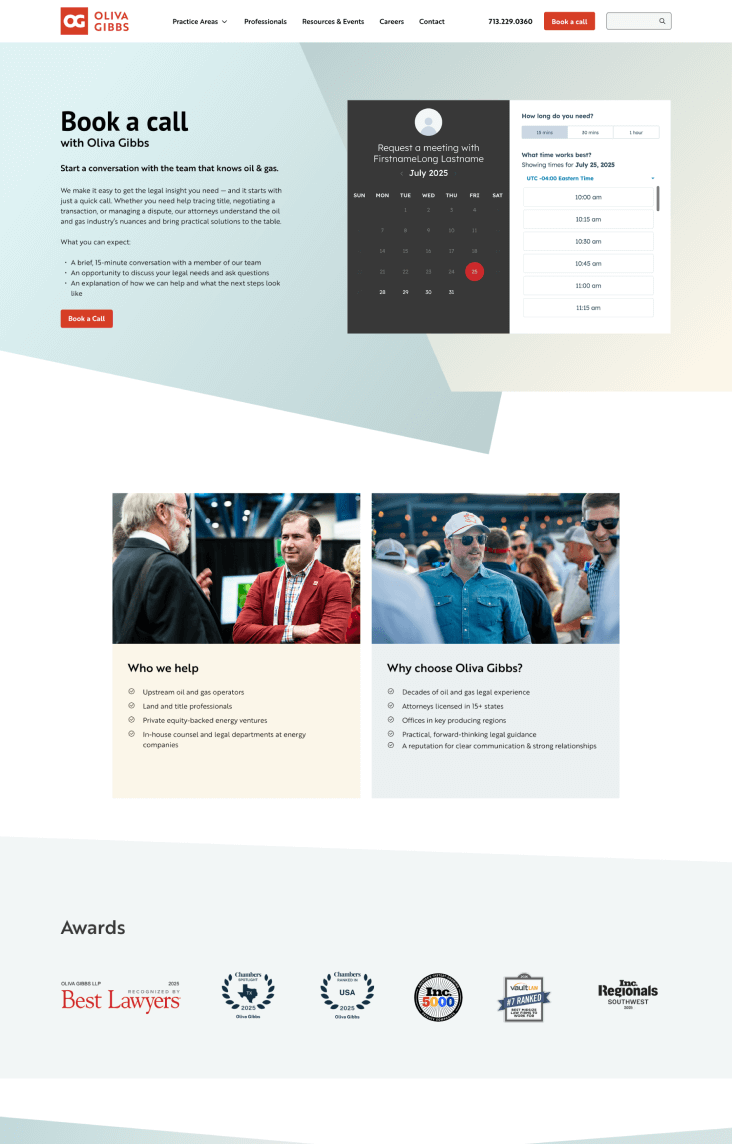 Oliva Gibbs website Schedule a Call page preview