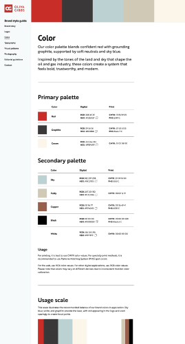 Oliva Gibbs brand style guide Colors page sample