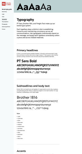 Oliva Gibbs brand style guide Typography page sample