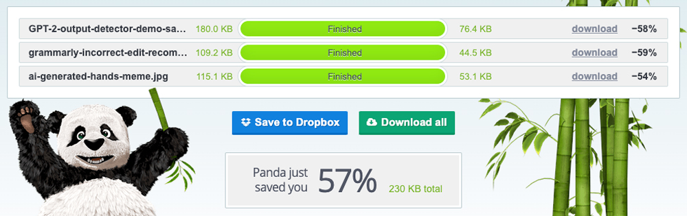 Screengrab showing how efficiently TinyPNG’s AI marketing tool works for optimizing images