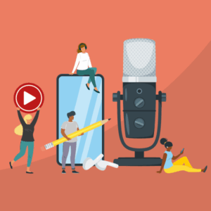 illustration of people using podcast website examples to create an online home for their show