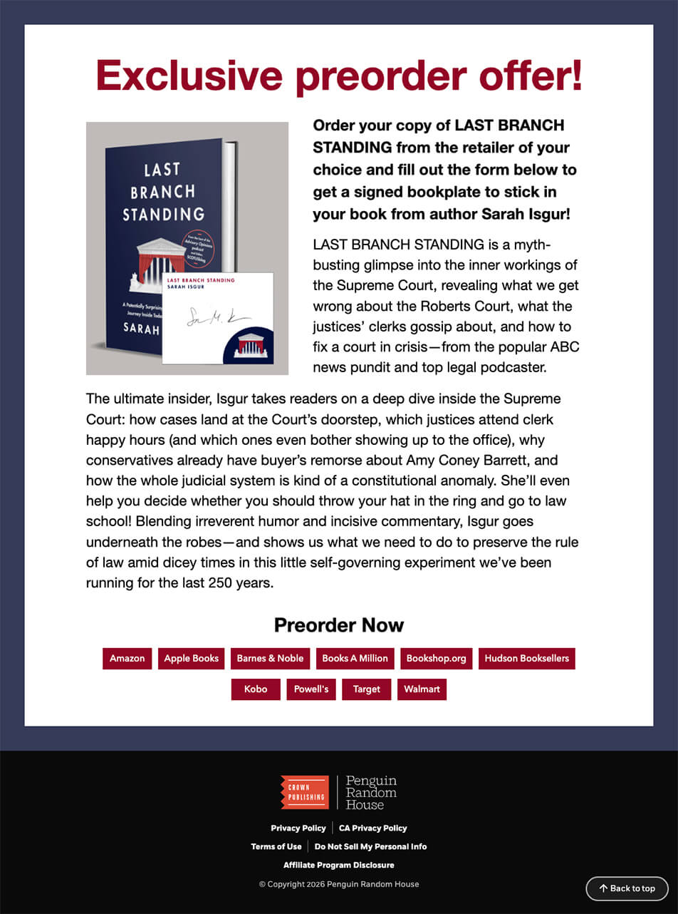 Penguin Random House’s squeeze page offering a free signed bookplate from author Sarah Isgur, with a request form and retailer preorder links