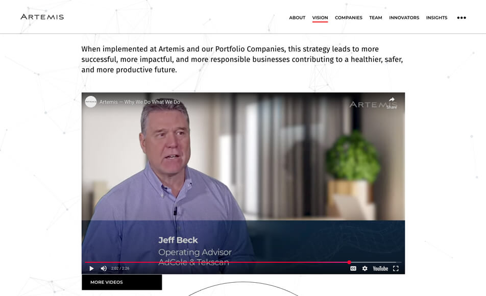 A screengrab showing an embedded video from Artmetis' website showing a man (Jeff Beck) talking about their partnership with the firm.