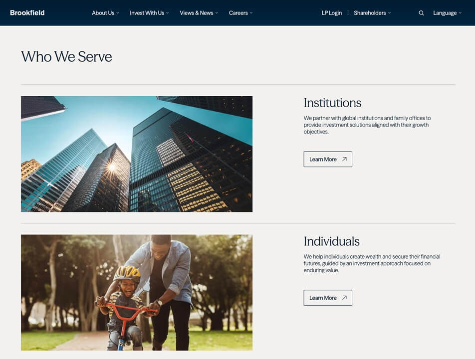 A screengrab showing a look at the part of Brookfield's homepage panels that provides visually-driven CTA links to detailed content for its two main "who we serve" groups of users: institutions and individuals.